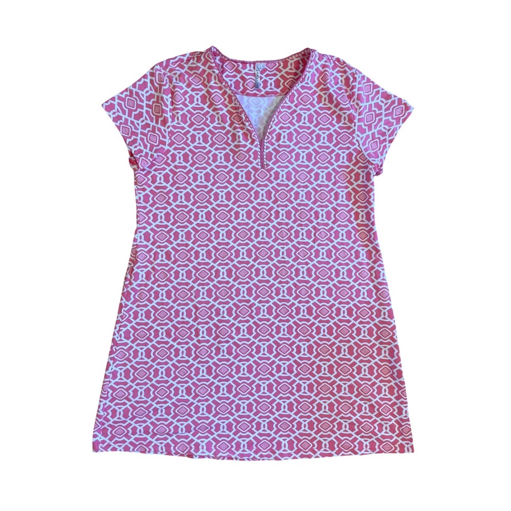 Lulu-B Pink Geometric Fretwork V-Neck Short Sleeve A-Line Dress Tunic XL
